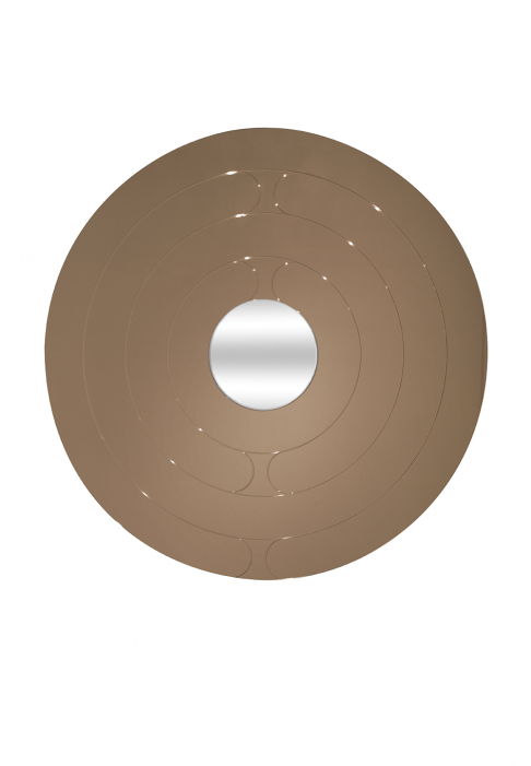 Miroir rond gravé de fines lignes et teinté de bronze