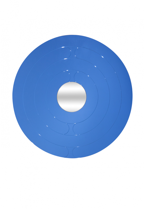 Round mirror engraved with thin lines, cobalt color