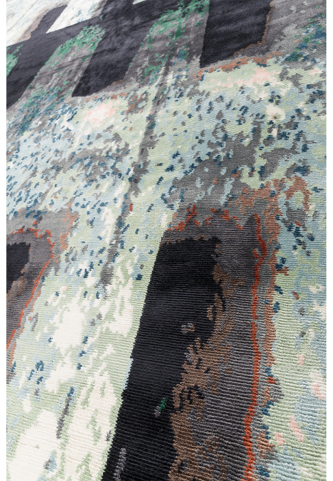 A Rug where dreamlike visions and faraway worlds intertwine, close-up