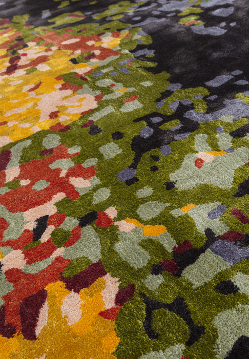 RUG-FIREANDICE-RECT-detail1.jpg Rug that evoques plants and light, detail