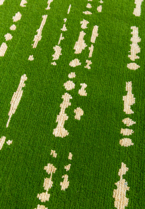 Green and white graphic rug, close-up