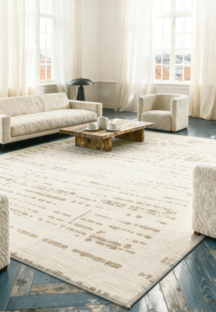 Salon avec tapis rectangulaire blanc et chanvre naturel